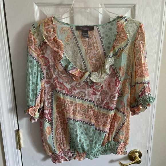 2/$30 Olivia Martin Colorful Paisley Ruffle Blouse Large Babydoll Whimsy Sheer - Picture 1 of 12